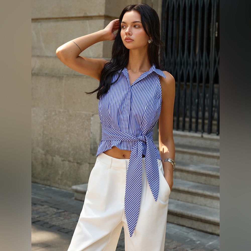 Commense Blue and White Striped Tie-Front Sleeveless Top